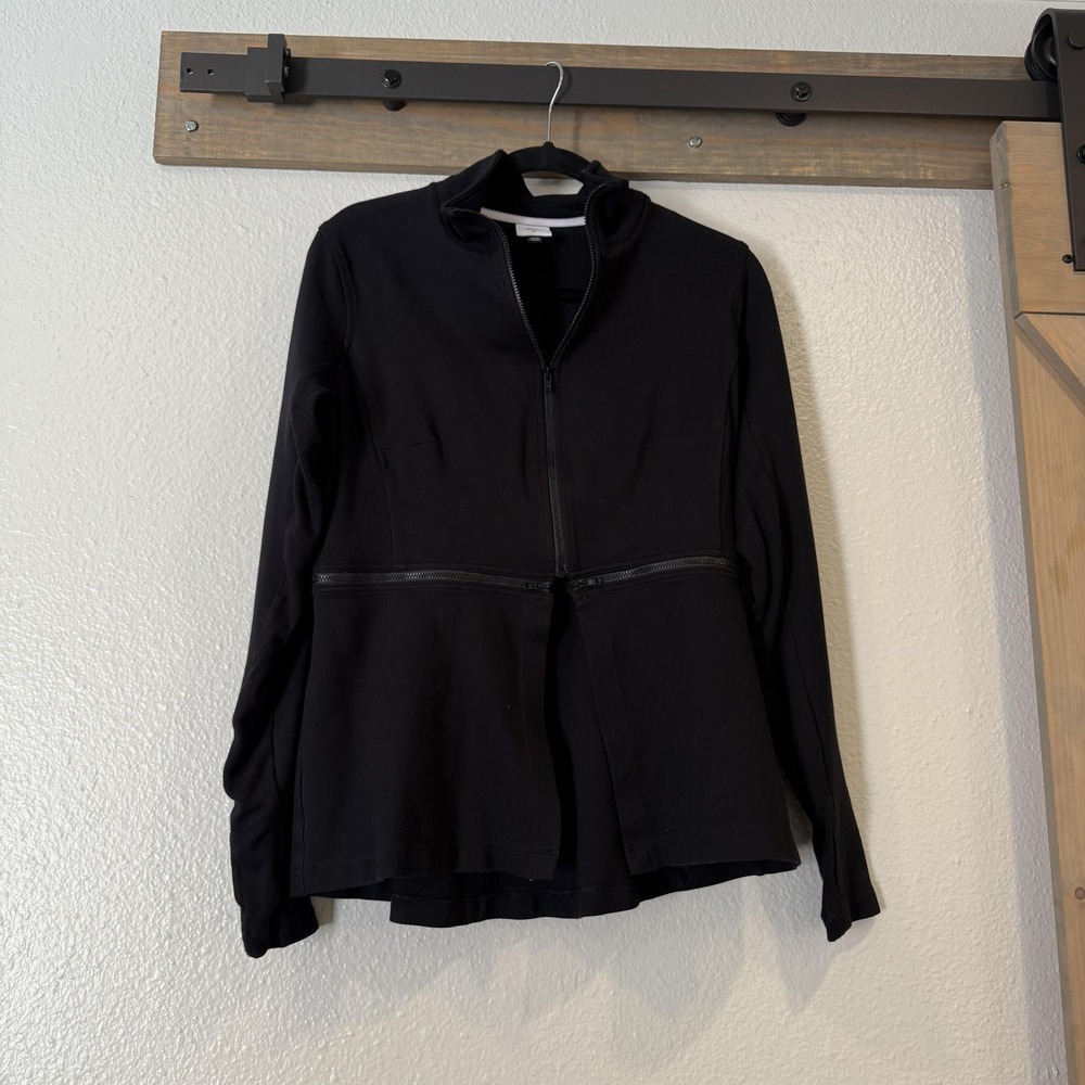 cabi Jacket Womens Medium Black Peplum Thumbholes Stand Collar Waist Zip 5655